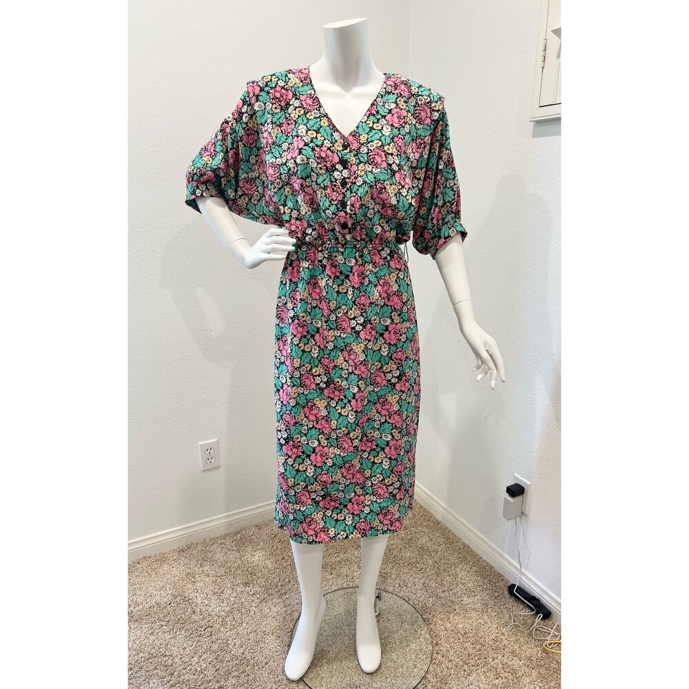 Vintage 80s Christina Grant Colorful Floral Summer Dress Small